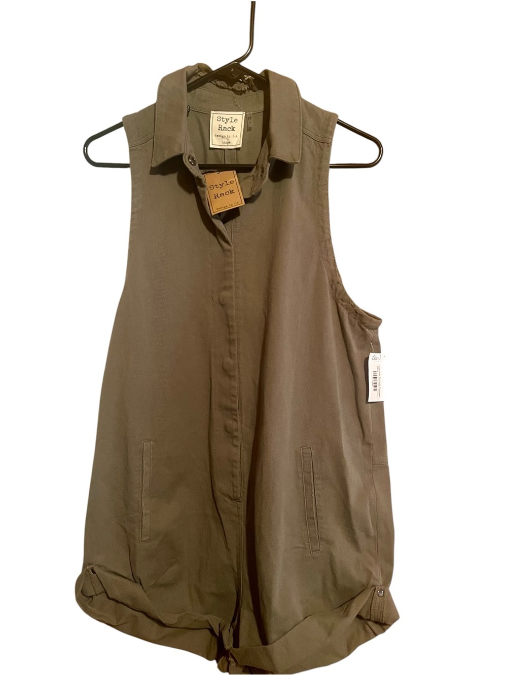 Style Rack Olive Green Sleeveless Button-Front Utility Romper, NWT